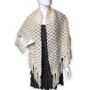 Vintage Specialty House Fashion Crochet Knit Shawl White Gold Tinsel Yarn Fringe